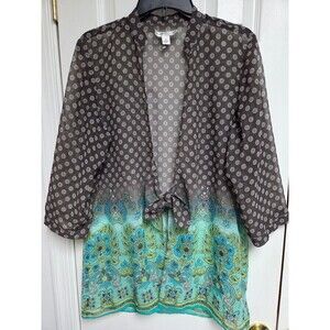 Coldwater Creek women's Medium sheer shirt gray, teal and white with gold accent